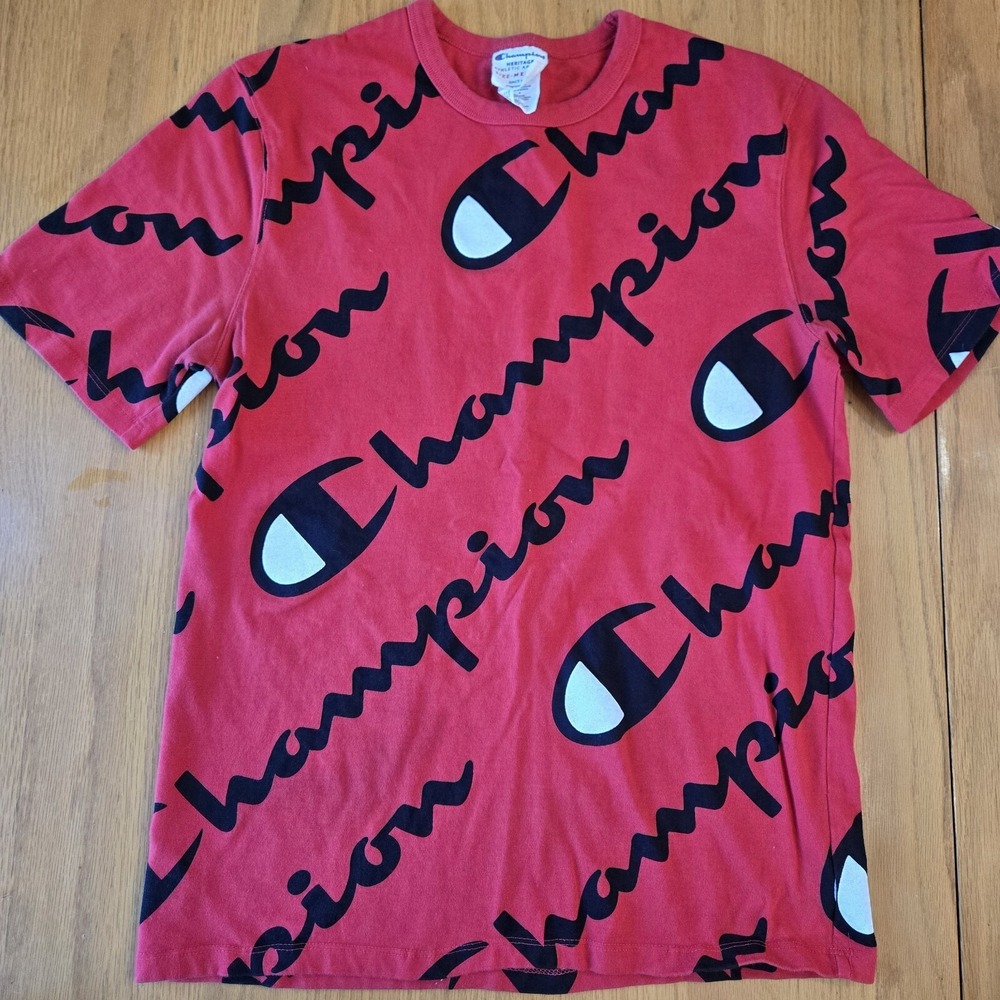 CHAMPION All Over Print Heritage short sleeve shirt men's Medium Red CLEAN